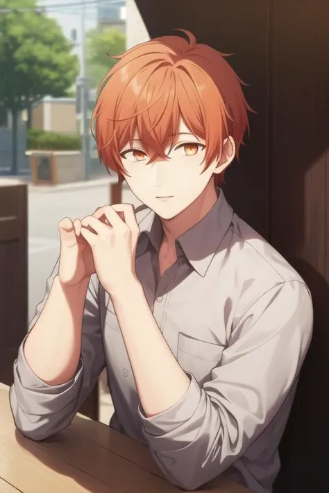 masterpiece, best quality, high quality, 1boy, solo, male focus, looking at viewer, upper body, <lora:satou_mafuyu:0.70>, satou_mafuyu, orange hair