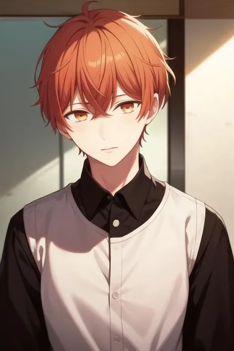 masterpiece, best quality, high quality, 1boy, solo, male focus, looking at viewer, upper body, <lora:satou_mafuyu:0.70>, satou_mafuyu, orange hair