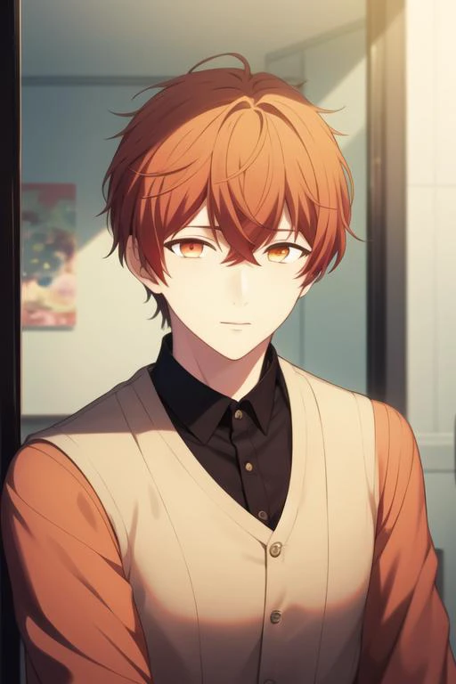 masterpiece, best quality, high quality, 1boy, solo, male focus, looking at viewer, upper body, <lora:satou_mafuyu:0.70>, satou_mafuyu, orange hair