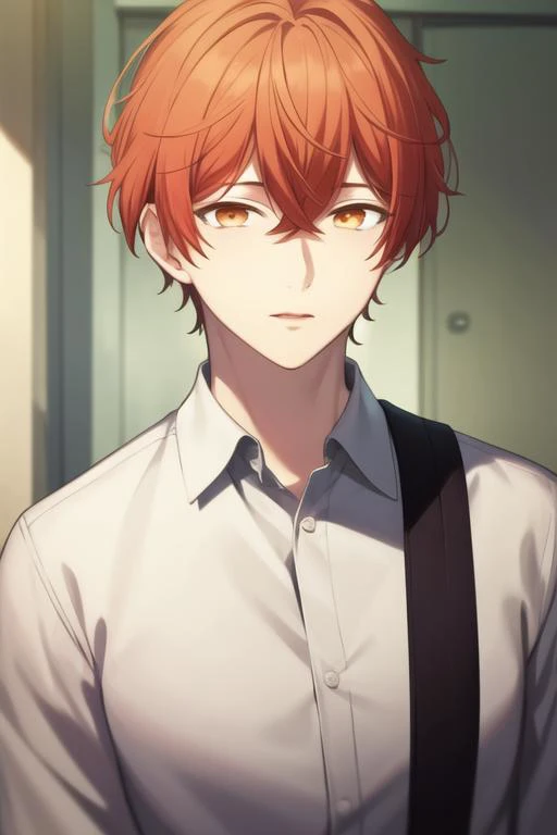 masterpiece, best quality, high quality, 1boy, solo, male focus, looking at viewer, upper body, <lora:satou_mafuyu:0.70>, satou_mafuyu, orange hair