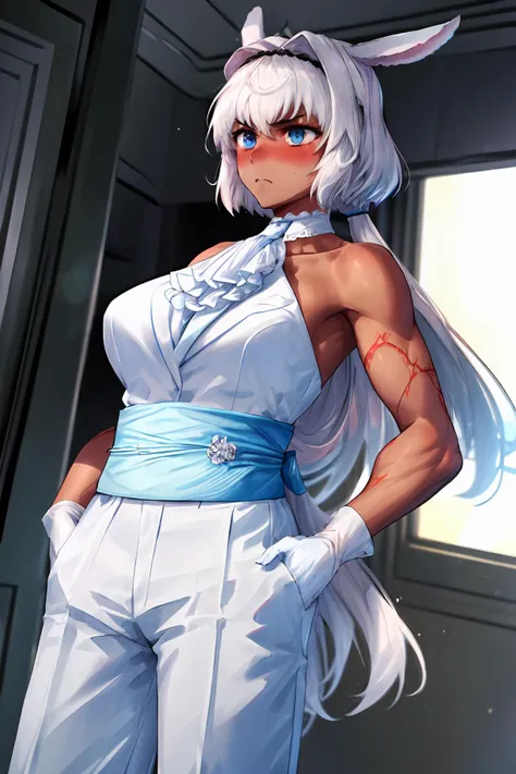 masterpiece,best quality,1girl,Caenis,animal ears,dark-skinned female,Blue eyes,long hair,muscular,Toned,abs,FormalRider,white formal suit,black sash,white gloves,white pants,sleeveless,white ascot,bare shoulders,serious,blush,standing,hands in pockets,dutch angle,from below,<lora:CHAR-FGO-Caenis 6outfits in1_V1-LoCon-Manityro>,<lora:Concept-control tool-add_detail-CyberAIchemist:0.6>,