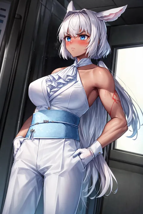 masterpiece,best quality,1girl,Caenis,animal ears,dark-skinned female,Blue eyes,long hair,muscular,Toned,abs,FormalRider,white formal suit,black sash,white gloves,white pants,sleeveless,white ascot,bare shoulders,serious,blush,standing,hands in pockets,dutch angle,from below,<lora:CHAR-FGO-Caenis 6outfits in1_V1-LoCon-Manityro>,<lora:Concept-control tool-add_detail-CyberAIchemist:0.9>,