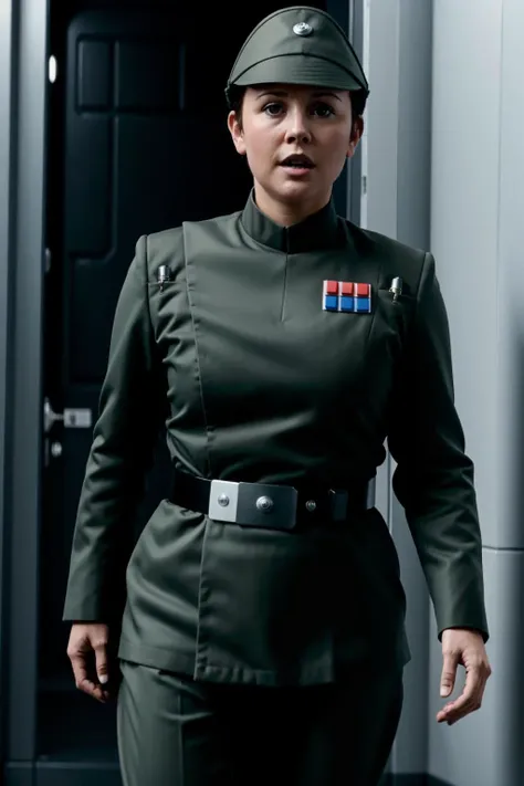 plain looking (chubby:1.1) woman with short hair in imperialofficer uniform talking,in a hallway, 8k uhd, dslr, soft lighting, high quality, film grain,masterpiece quality,Fujifilm <lora:ImpofficerV2:0.7>