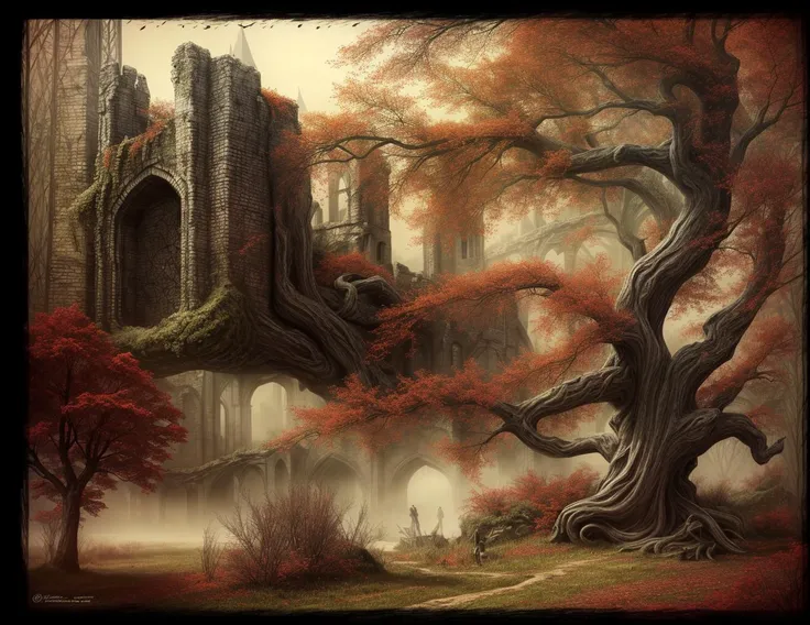 highly detailed photograph of a dark fantasy landscape, two crumbling towers of a ruined medieval castle with an open castle gate in between, an old oak tree with leaves on its branches, dark gothic fantasy, haunted surrealism, medieval ruins, elden ring, foggy mysterious night, lord of the rings <lora:add_detail:0.7>