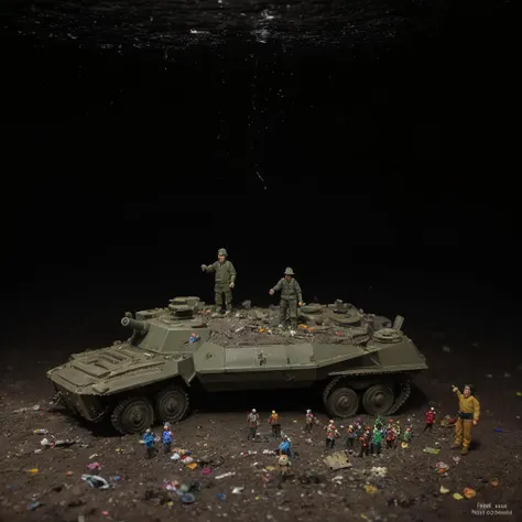 (small plastic figurine people with grim faces riding in plastic toy tanks) are salvaging wreckage in enormous post apocalyptical spiral sewer system made of plastic, irradiated roots climbing through skylight, [grainy polaroid photograph], art station, trending on artstation, in the style of filmmaker andrei tarkovsky, editorial photograph, <lora:epi_noiseoffset2:1.2>, <lora:add_detail:-0.4>, dusk, smoke, plastic texture, blender, [dirty waterfall], [small river filled with scum and debris], plastic action figure faces