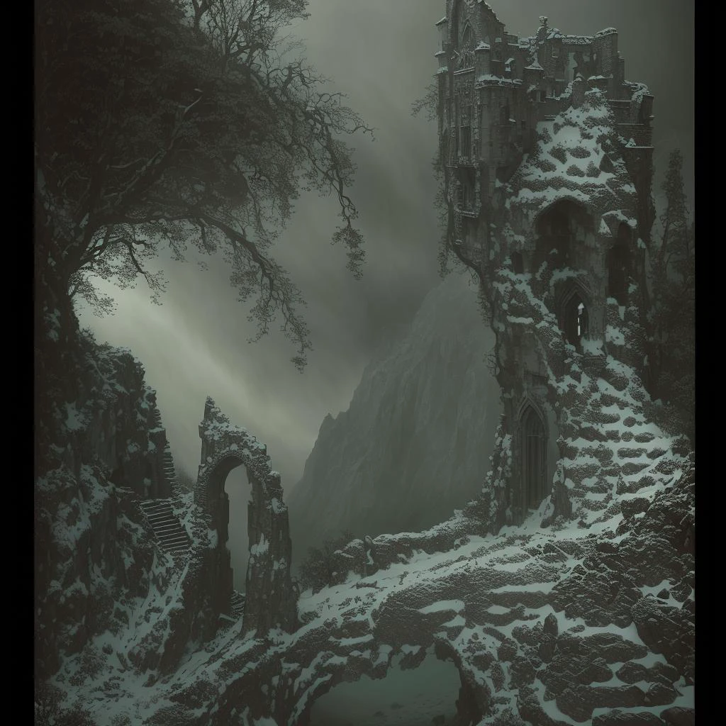 highly detailed photograph of a mysterious ruined castle overlooking a dark misty chasm, hyperdetailed award winning fantasy landscape photograph, gothic horror, dark fantasy art, masterpiece painting, elden ring, lord of the rings, art by Michael whelan, <lora:add_detail:-0.5> <lora:DestroyedPortrait-000150:0.5>