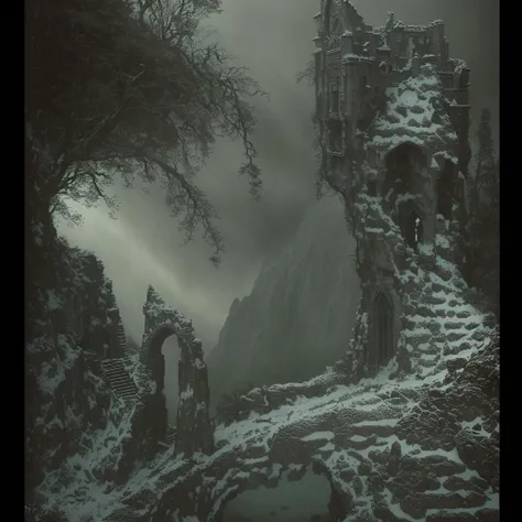 highly detailed photograph of a mysterious ruined castle overlooking a dark misty chasm, hyperdetailed award winning fantasy landscape photograph, gothic horror, dark fantasy art, masterpiece painting, elden ring, lord of the rings, art by Michael whelan,  <lora:add_detail:-0.5> <lora:DestroyedPortrait-000150:0.5>