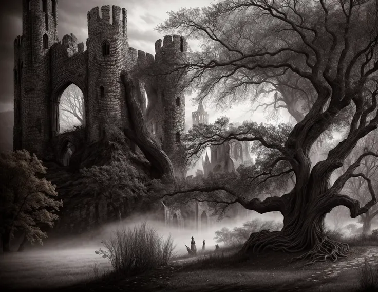 highly detailed photograph of a dark fantasy landscape, two crumbling towers of a ruined medieval castle with an open castle gate in between, an old oak tree with leaves on its branches, dark gothic fantasy, haunted surrealism, medieval ruins, elden ring, foggy mysterious night, lord of the rings <lora:add_detail:0.7>