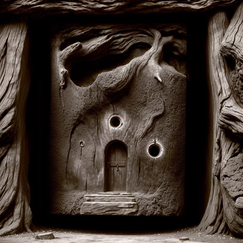 highly detailed photograph of a dark fantasy landscape, wooden door in the shape of a keyhole in the side of a rock face with gnarled tree roots twisting around it, a gazing eye starring from the hillside above a doorway, a leaning tree at the top of a hill, dark gothic fantasy, medieval ruins <lora:add_detail:0.7> <lora:DestroyedPortrait-000150:0.5>