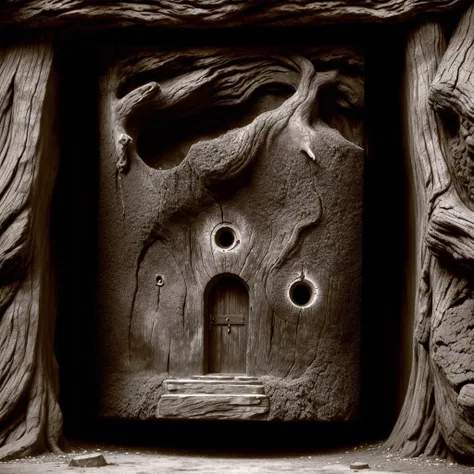 highly detailed photograph of a dark fantasy landscape, wooden door in the shape of a keyhole in the side of a rock face with gnarled tree roots twisting around it, a gazing eye starring from the hillside above a doorway, a leaning tree at the top of a hill, dark gothic fantasy, medieval ruins <lora:add_detail:0.7> <lora:DestroyedPortrait-000150:0.5>