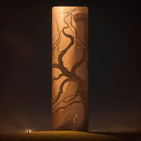 Masterpiece illustration painting of an old castle tower with a single illuminated window with a twisted leafless tree in front of it at nighttime, fantasy art in the style of elden ring