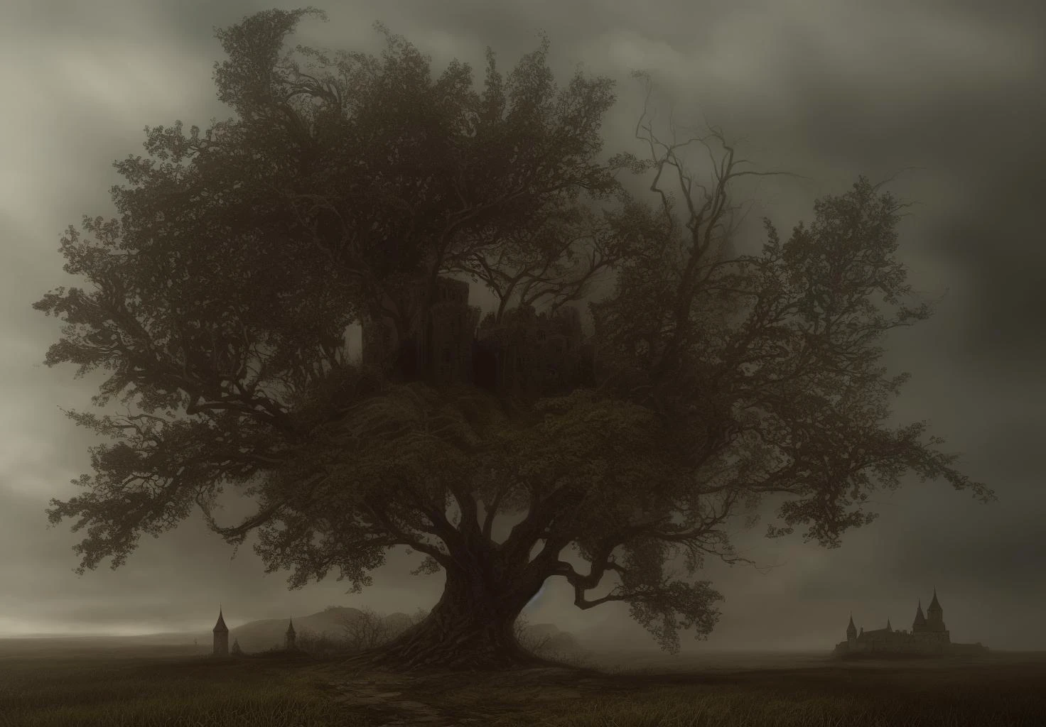 landscape painting of castle in the middle of an illustration of a tree, dark fantasy art in the style of elden ring and dark souls and lord of the rings, foggy night landscape