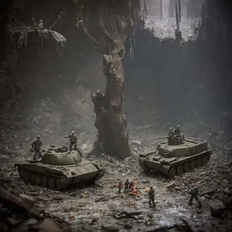 (small plastic figurine people with grim faces riding in plastic toy tanks) are salvaging wreckage in enormous post apocalyptical spiral sewer system made of plastic, irradiated roots climbing through skylight, [grainy polaroid photograph], art station, trending on artstation, in the style of filmmaker andrei tarkovsky, editorial photograph, <lora:epi_noiseoffset2:1.2>, <lora:add_detail:-0.4>, dusk, smoke, plastic texture, blender, [dirty waterfall], [small river filled with scum and debris], plastic action figure faces