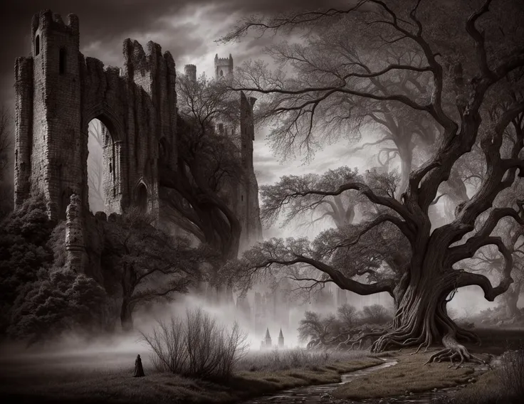 highly detailed photograph of a dark fantasy landscape, two crumbling towers of a ruined medieval castle with an open castle gate in between, an old oak tree with leaves on its branches, dark gothic fantasy, haunted surrealism, medieval ruins, elden ring, foggy mysterious night, lord of the rings <lora:add_detail:0.7>