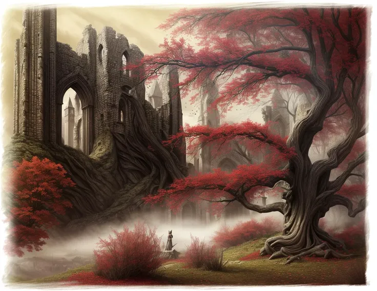 highly detailed photograph of a dark fantasy landscape, two crumbling towers of a ruined medieval castle with an open castle gate in between, an old oak tree with leaves on its branches, dark gothic fantasy, haunted surrealism, medieval ruins, elden ring, foggy mysterious night, lord of the rings <lora:add_detail:0.7>