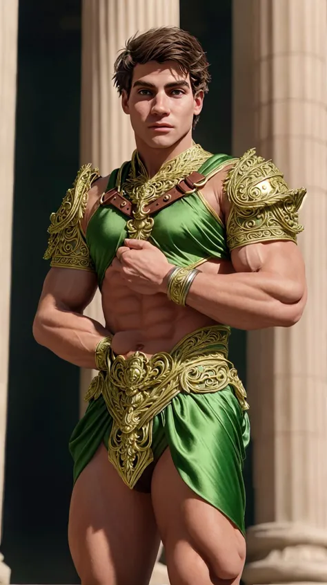 (face focus). (masculine:1.3), large strong physique:1.0, at outdoor marble greek temple, (muscular;1.2), large muscles:1.1 (wearing ornate revealing green silk fantasy armor:1.3), (fantasy theme:1.3), (wearing long matching silver and white loincloth:1.2), (wearing matching silver chest harness:1.2) sexy pose:1.0, styled hair, confident, handsome, (((masterpiece))), (((best quality))), (accurate hands), (accurate body parts), (accurate body), (hands on waist), male, athletic, looking at viewer, (short hair), (accurate legs), (accurate thighs), SebbySallow, <lora:SebbySallow (1):1>