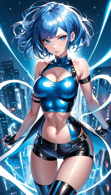 anime style, medium breasts, slim athletic figure, narrow waist,  girl, 1girl, full body, [:creative, revealing costume design,:0.2], official art, caucasian, bombshell punk hair, shiny crimson hair, pixie cut, soft shiny blue lighting from above, leather shorts, in a  menagerie, bombshell hair, blue hair, Loose Curls, carried breast rest<lora:EnvyCuteXL03:1>