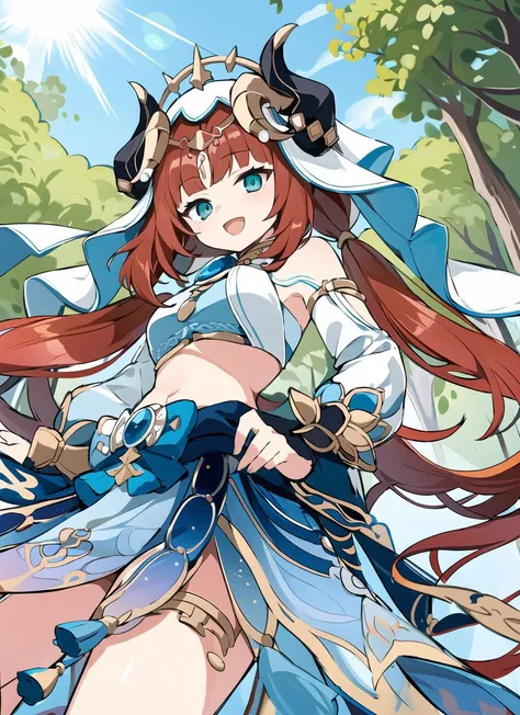 1girl, :d, (from below:1.3)
dutch angle
dynamic pose,
dancing, moving rapidly,
beautiful, elegant,
<lora:nilouGenshinImpact_v10:1> nilou (neither flower nor mist) (genshin impact), aqua eyes, fake horns, red hair, long hair, crop top, jewelry, horns, veil, bracer, brooch, long sleeves, puffy long sleeves, skirt, bangs, twintails, puffy sleeves, neck ring, gold trim, parted bangs, circlet, blue skirt, hair ornament, detached sleeves, low twintails, floating hair, gem, blue gemstone, dancer, white headwear, midriff, very long hair,
around the garden, flowers, butterflies, sunlight, sunflowers, lilies, roses, nature, petals, lens flare,
<lora:tori:1>