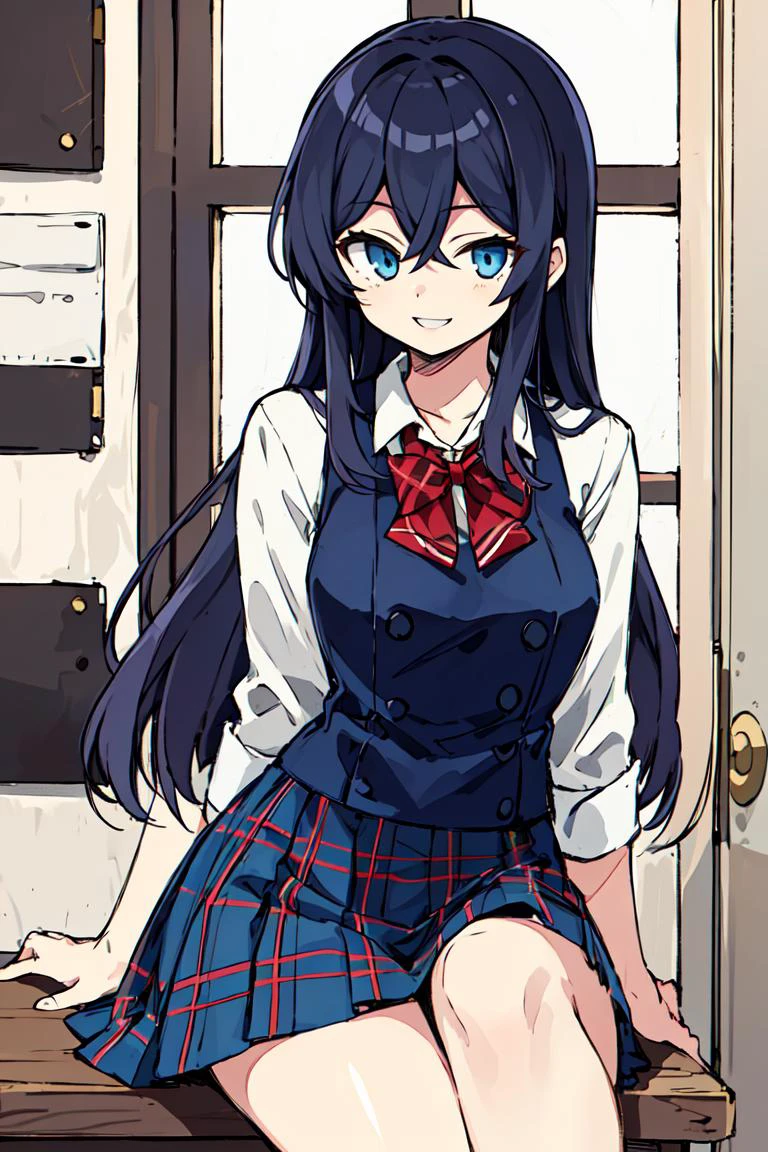 <lora:tori:0.8>masterpiece,best quality,,girl,long black straight hair,blue eyes,in white school uniform ,blue plaid skirt, smile,,