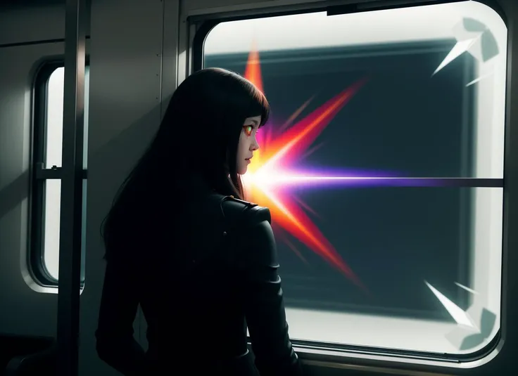 three cornered window, back of head shot of (woman looking out of triangle window:1.1), 3rd person, Looking out the triangular window of a (train:1.1) with triangular windows, triangular windows and triangular, wheels, in a fantasy world,
psychedelic, geometric, vivid light, high contrast, triadic colors, dark shadows, explosions, nuclear mushroom cloud, nuclear explosion, dystopian nightmare,
(beautiful composition),
21 yo woman,