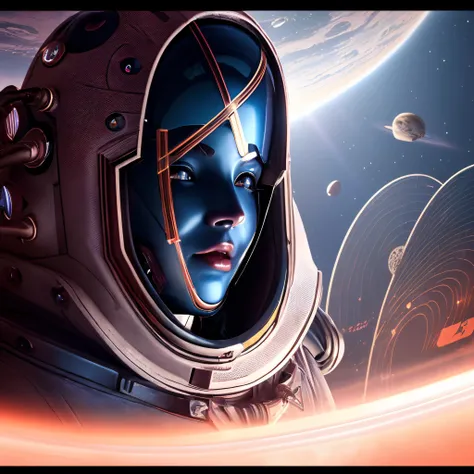 woman in ((retro-futuristic armor))| | character portrait| space art| (((floating in space)))| high detailed official artwork| fantastic screenshot art| hyperrealism| dynamic lighting
