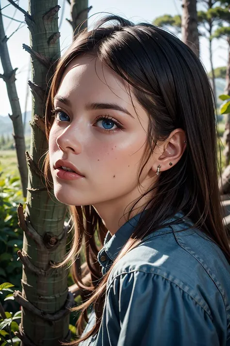 portrait of beautiful women, looking over spruce forest, moody portrait, striking features, beauty, intricate details, dramatic composition, tension, wispy hair, blue eyes, contrast, texture, realism, high-quality rendering, stunning art, high quality, film grain, Fujifilm XT3, detailed skin, (acne,freckled:0.6)