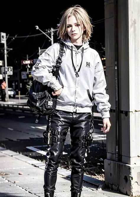(RAW: 1.6), (far shot), (realistic: 1.6) (mixed american),
masterpiece, best quality, beautiful clean face, fullbody, 1girl,solo,teenager, wearing white techwear jacket and orange trousers with buckle and tape, (crystal necklace), posing for a picture, (red short hair), long legs, warm smile, carrying a cobalt backpack, on new york street,check cellphone,
orange clothes,black clothes,red clothes,serioys,honorable,cold,grim,elegant, Mottled light and shadow,Rock singer,
<lora:avrilLavigneLora_v1:0.6> <lora:urbanSamuraiClothing_urbansamuraiV03:0.6> <lora:koreanDollLikeness_v15:0.3>