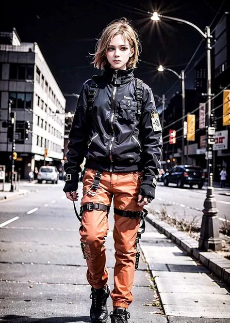 (RAW: 1.6), (far shot), (realistic: 1.6) (mixed american),
masterpiece, best quality, beautiful clean face, fullbody, 1girl,solo,teenager, wearing white techwear jacket and orange trousers with buckle and tape, (crystal necklace), posing for a picture, (red short hair), long legs, warm smile, carrying a cobalt backpack, on new york street,check cellphone,
orange clothes,black clothes,red clothes,serioys,honorable,cold,grim,elegant, Mottled light and shadow,Rock singer,
<lora:avrilLavigneLora_v1:0.6> <lora:urbanSamuraiClothing_urbansamuraiV03:0.6> <lora:koreanDollLikeness_v15:0.3>