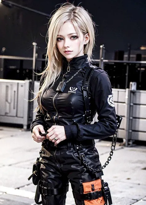 (RAW: 1.6), (far shot), (realistic: 1.6) (mixed american),
masterpiece, best quality, beautiful clean face, fullbody, 1girl,solo,teenager, wearing white techwear jacket and orange trousers with buckle and tape, (crystal necklace), posing for a picture, (red short hair), long legs, warm smile, carrying a cobalt backpack, on new york street,check cellphone,
orange clothes,black clothes,red clothes,serioys,honorable,cold,grim,elegant, Mottled light and shadow,Rock singer,
<lora:avrilLavigneLora_v1:0.6> <lora:urbanSamuraiClothing_urbansamuraiV03:0.6> <lora:koreanDollLikeness_v15:0.3>