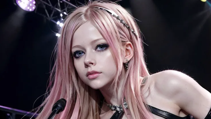 Ultra realistic high definition Avril Lavigne, Real life popstar, small tits, Ultra realistic high definition micro detail eyes, Ultra realistic high definition micro detail glossy lips, Ultra realistic high definition micro detail body structure and skin, Ultra realistic high definition micro detail real life hair style with stripes of pink color, Ultra realistic high definition micro detail short nails, Random attitude poses, Warm professional lighting, Ultra realistic professional photoshoot, Ultra sharp focus, Random jewlery, Random tight sheer black leather popstar provocatrice dress, Close to a superb water fall, She is standing on stage show with a stadium full of peoples, Look at viewers, <lora:Avril Lavigne:0.6>