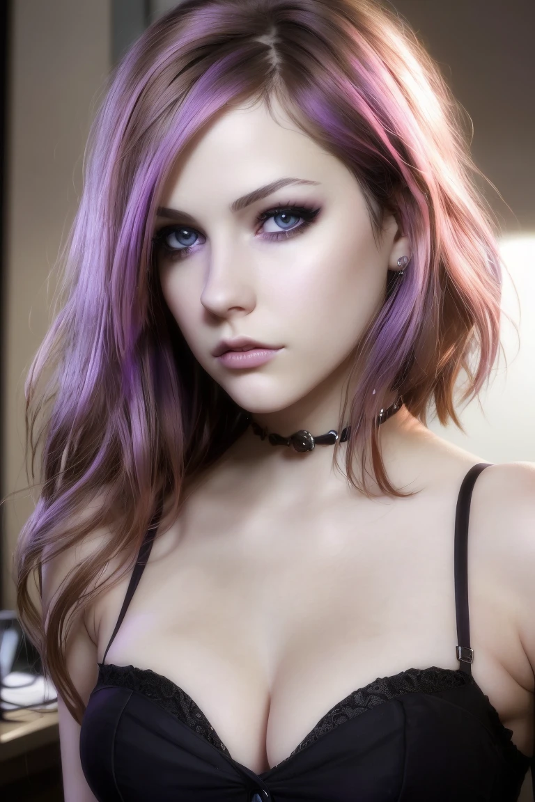 (masterpiece), best quality, extremely detailed, bloom, delicate and beautiful,(wide angle),half-length portrait of  a beautiful woman, brown eyes, full lips, (purple hair), (1girl:1.4), in a dark office, white-shirt unbuttoned and hanging open, punk choker, grey pleated miniskirt, ((cleavage)), cute freckles, sneering expression, best quality, ultra high res, dark hair, short hair, (photorealistic:1.4), (detailed face and eyes), medium breasts,  dark nipples, no bra, professional, canon camera, nikon camera, sharp, bokeh, studio quality, fisheye lens, by Robert Capa , <lora:avrilLavigneLora_v1:0.6>