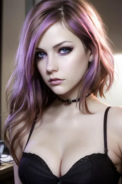 (masterpiece), best quality, extremely detailed, bloom, delicate and beautiful,(wide angle),half-length portrait of  a beautiful woman, brown eyes, full lips, (purple hair), (1girl:1.4), in a dark office, white-shirt unbuttoned and hanging open, punk choker, grey pleated miniskirt, ((cleavage)), cute freckles, sneering expression, best quality, ultra high res, dark hair, short hair, (photorealistic:1.4), (detailed face and eyes), medium breasts,  dark nipples, no bra, professional, canon camera, nikon camera, sharp, bokeh, studio quality, fisheye lens, by Robert Capa , <lora:avrilLavigneLora_v1:0.6>