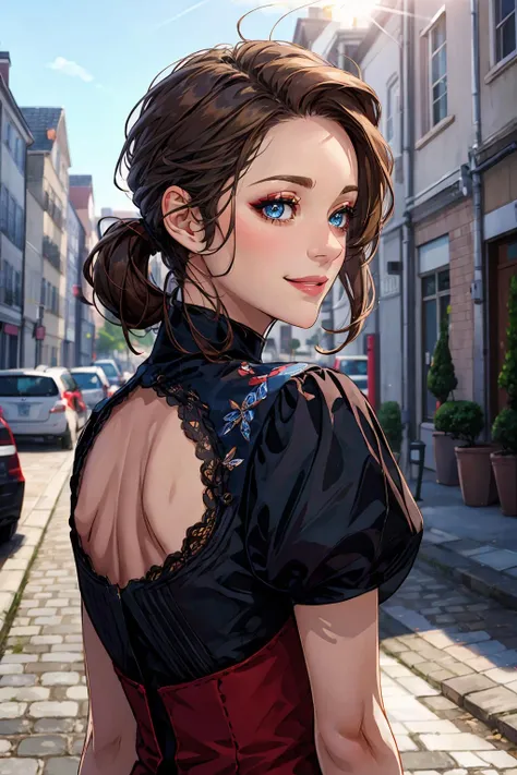 masterpiece, best quality, 1girl, solo,  <lora:marioncotillard:1>marioncotillard, blue eyes, makeup, seductive smile, red velvet dress, street, blue sky, sunlight, upper body,  <lora:more_details:0.3>