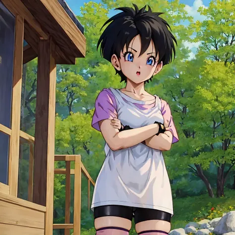 Videl, 1girl, anime screencap, highly detailed, 8k, masterpiece, best quality, spiked hair. biker shorts, looking at viewer, forest, blue eyes