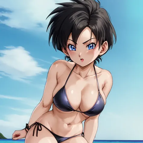 Videl, 1girl, anime screencap, highly detailed, 8k, masterpiece, best quality, spiked hair, looking at viewer, blue eyes, black bikini, beach