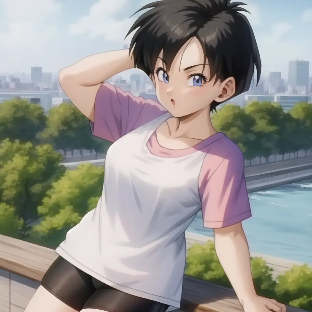 Videl, 1girl, anime screencap, highly detailed, 8k, masterpiece, best quality, spiked hair, biker shorts, from above, city background