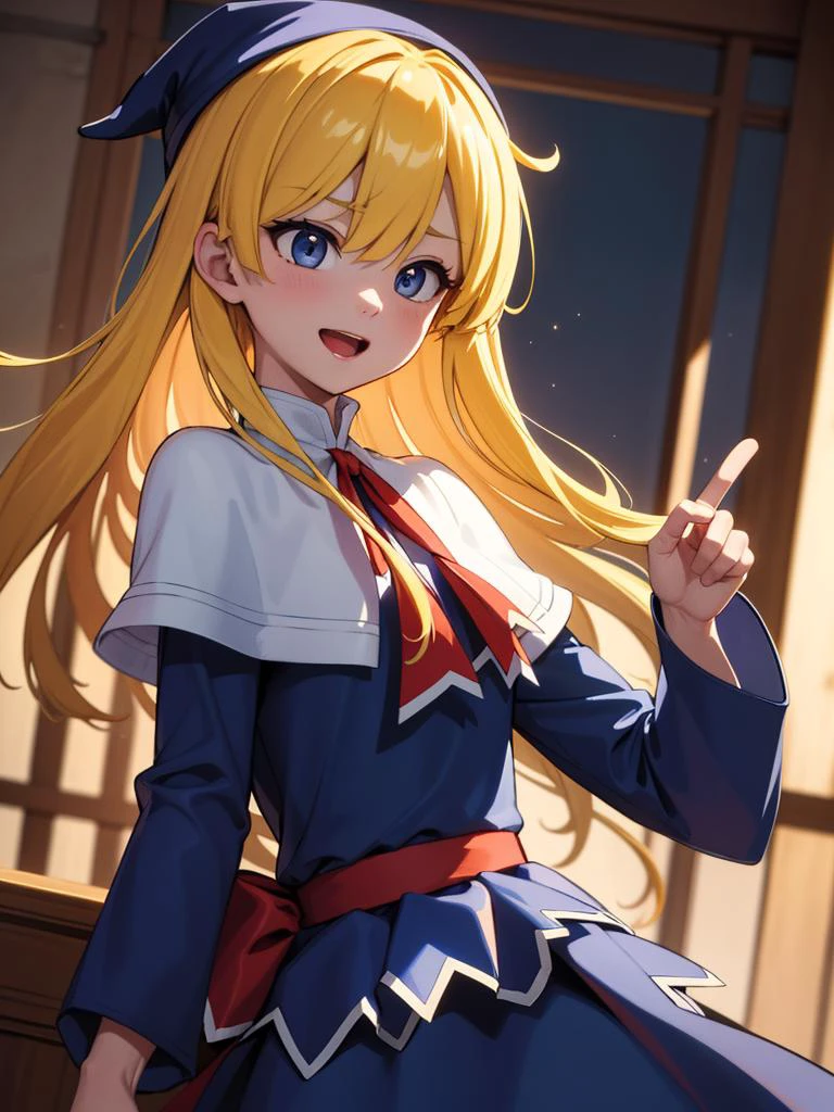 masterpiece, higher,highly detailed, dynamic angle, cinematic shadows, action shot, deep shadows, intricate details, award winning, beautifully lit, intense angle, cinematic shot, cinematic lighting, cinematic angle, masterpiece portrait, dramatic angle, dramatic shadows,BRWAK,<lora:witchpuyopuyo:1>,witchpuyo,1girl, blue dress, white capelet, red bow, blue headwear, sash, ahoge,smile,open mouth