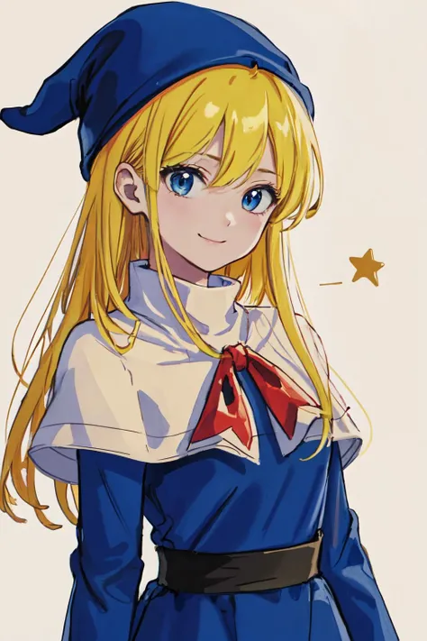 <lora:witchpuyopuyov5:1>witchpuyo, blue headwear,blue dress,white capelet,star (symbol),red bow,
(best quality, masterpiece, RAW photo,ultra-detailed:1.2), <lyco:GoodHands-beta2:1.0>,1girl,solo,looking at viewer,smile