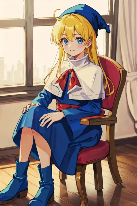 <lora:witchpuyopuyov5:1>witchpuyo, blue headwear,blue dress,white capelet,star (symbol),red bow,blue footwear, puyopuyo,puyo,ahoge, sitting chair, room,
(best quality, masterpiece, RAW photo,ultra-detailed:1.2), <lyco:GoodHands-beta2:1.0>,1girl,solo,looking at viewer,smile