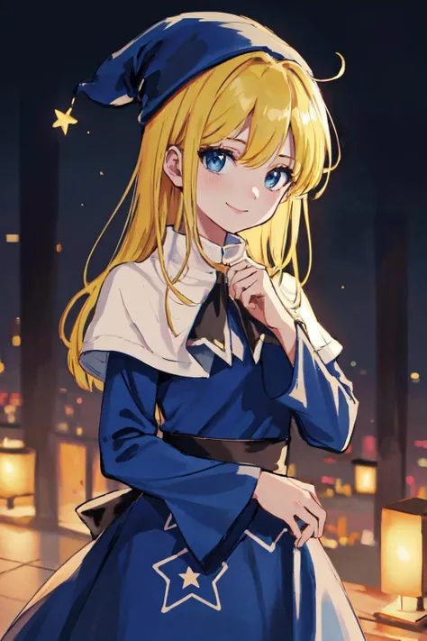 <lora:witchpuyopuyov5:1>witchpuyo, blue headwear,blue dress,white capelet,star (symbol),
(best quality, masterpiece, RAW photo,ultra-detailed:1.2), <lyco:GoodHands-beta2:1.0>,1girl,solo,looking at viewer,smile