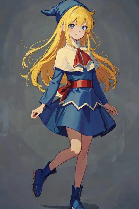 <lora:witchpuyopuyov5:1>witchpuyo, blue headwear,blue dress,white capelet,star (symbol),red bow,blue footwear,
(best quality, masterpiece, RAW photo,ultra-detailed:1.2), <lyco:GoodHands-beta2:1.0>,1girl,solo,looking at viewer,smile