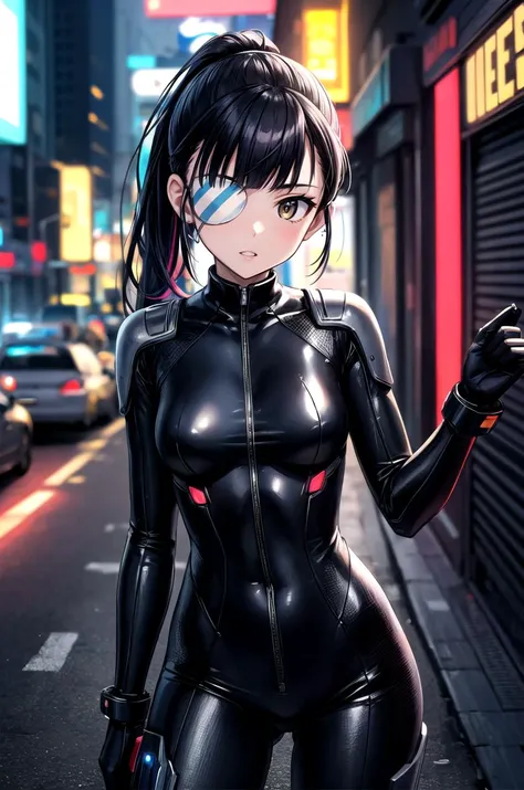 (masterpiece, best quality, detailed), 1girl, solo, looking at viewer, <lora:Sakamoto:0.9>, SakamotoAi, long hair, black hair, brown eyes, medium breasts, ponytail, eyepatch, bangs, 
plugsuit, interface headset, skin tight, pilot suit, multicolored bodysuit, outdoors, cyberpunk, city, night, city lights, neon lights, graffiti, car, dark, contrapposto, parted lips