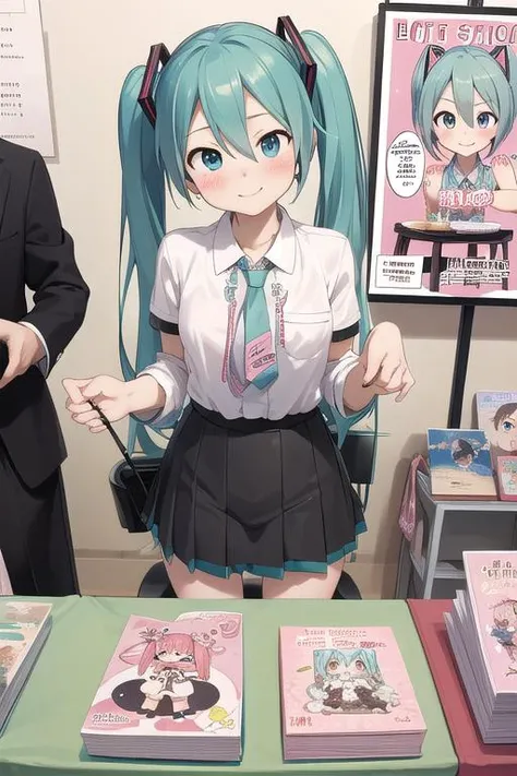 masterpiece,ultra detail,best quality,1girl,blush,shy,smile,CircleSetting, <lora:CircleSetting:0.7>,note,doujinshi,doll,signboard,poster,table,chair hatsune miku,figure,text,speech bubble