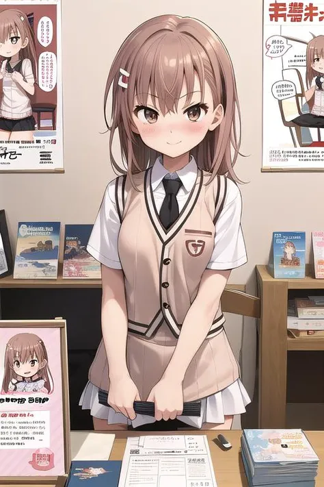 masterpiece,ultra detail,best quality,1girl,blush,shy,smile,CircleSetting, <lora:CircleSetting:0.7>,note,doujinshi,doll,signboard,poster,table,chair