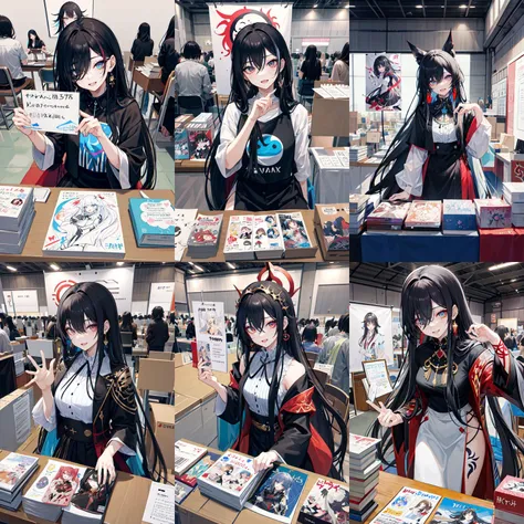 (otherworldly, otherworldly atmosphere, otherworldly appearance), highly insanely detailed, masterpiece, top quality, best quality, highres, 4k, 8k, RAW photo, (long_hair, long hair), collar, earrings, jewelry,
(random colors cloth, random colors hair, random long hair, dynamic hair, glowing hair),
long hair, eyelashes, eyeliner, makeup, hair over one eye,
(dynamic pose), (dynamic weather), (dynamic background), nsfw,
lamp,
1girl, solo, long hair, tattoo, facial tattoo, chin tattoo, tribal tattoo,
perfect anatomy, super photo realistic illustration, ultla detailed, absurdres,
BREAK
(1 girl,cute,kawaii,black hair,long hair,smile,open mouth), sitting,
table, (large amount of books), signboard, cardboard, indoor,
BREAK
CircleSetting, extremely_crowd:1.4, <lora:CircleSetting:1>,
(smiling at viewer), (fantasy world)