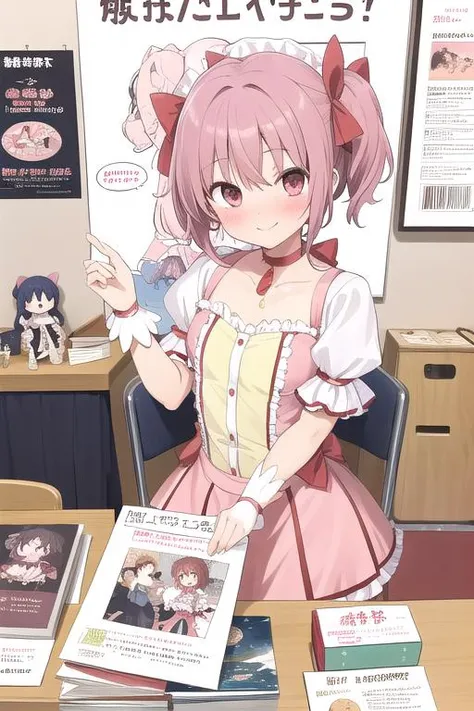 masterpiece,ultra detail,best quality,1girl,blush,shy,smile,CircleSetting, <lora:CircleSetting:0.7>,note,doujinshi,doll,signboard,poster,table,chair <lora:kaname_madoka_outfit-base-anylora-v1-1-1-000015_1_BiiiiMoOOo_WOF:0.7>kaname_madoka_outfit,figure,text,speech bubble