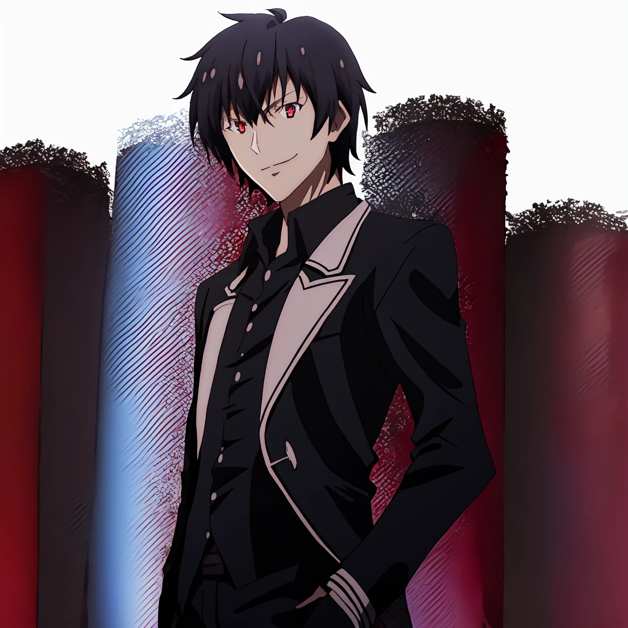 1 man, solo, alone,  (dark black hair:1.2), standing, black tuxedo, (white background:1.3), looking at viewer, red eyes, close shot, smiling, hands in pocket, 2 hands, 5 fingers each hand, anos voldigoad, anime screencap, anime style, anime artstyle, anime, masterpiece, best quality,<lora:Anos:1>
