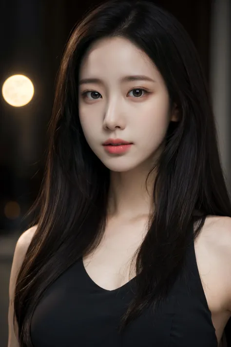 mature, ((upper body:1.2)), nikon RAW photo, 8 k, long hair, Fujifilm XT3,masterpiece, best quality, realistic, photorealistic, ultra detailed, extremely detailed face, solo,1girl, standing, fashionable and trendy atmosphere, and a stylish expression on her face, close up, black dress, walking, at the dark streets, moonrise, sleeveless, fabric clothes,<lbm=FACES>