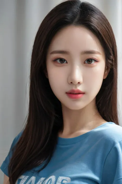 hyper realistic lifelike texture dramatic lighting unreal engine trending on art station, award winning photo, nikon RAW photo,8 k, Fujifilm XT3,masterpiece, best quality, realistic, photorealistic, ultra detailed, extremely detailed face, solo,1girl, standing, fashionable and trendy atmosphere, high-end makeup products, and a stylish expression on her face, close up, t-shirt