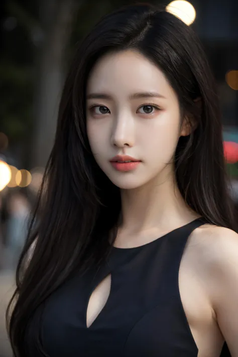 mature, ((upper body:1.2)), nikon RAW photo, 8 k, long hair, Fujifilm XT3,masterpiece, best quality, realistic, photorealistic, ultra detailed, extremely detailed face, solo,1girl, standing, fashionable and trendy atmosphere, and a stylish expression on her face, close up, black dress, walking, at the dark streets, moonrise, sleeveless, fabric clothes,<lbm=FACES>